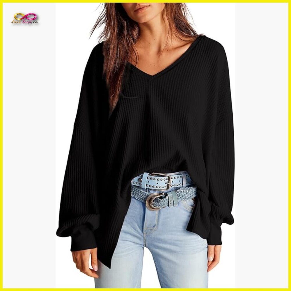 Oversized V-Neck Waffle Knit Sweater Long Lantern‎ Sleeve Casual Blouse